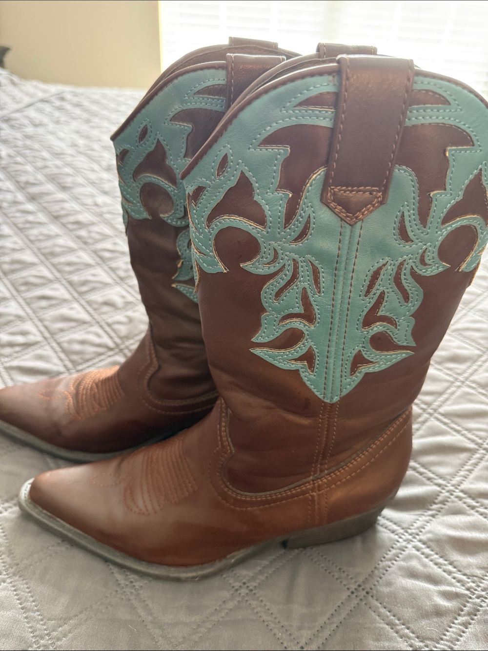 Madden Girl Brown Leather Cowboy Boots with Turquoise Stitch Accent